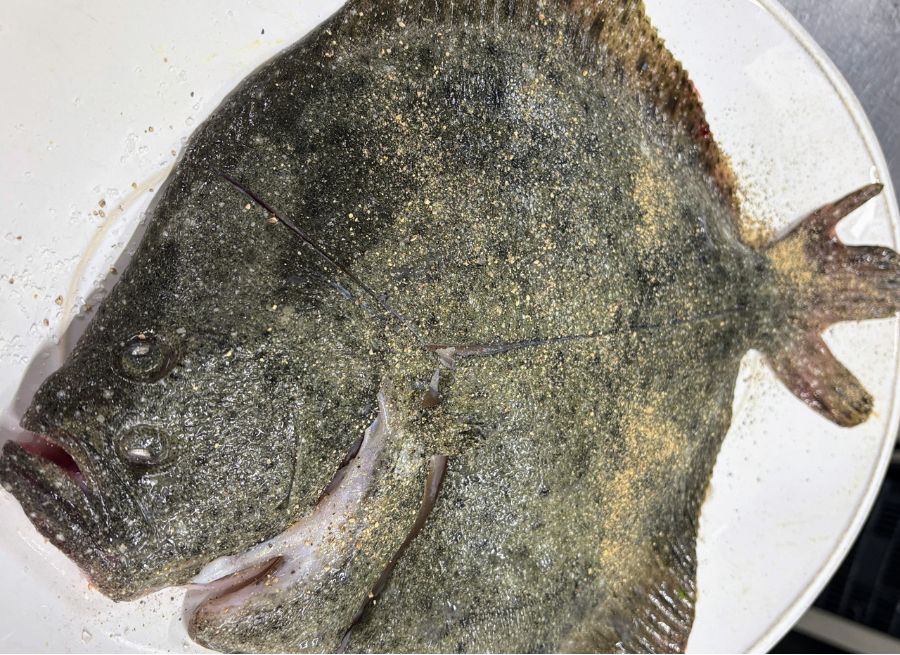 Pièce entière de turbot sauvage frais, assaisonné et avec des coupes marquées, prêt à entrer dans le four Josper de KRAM Andorre.
