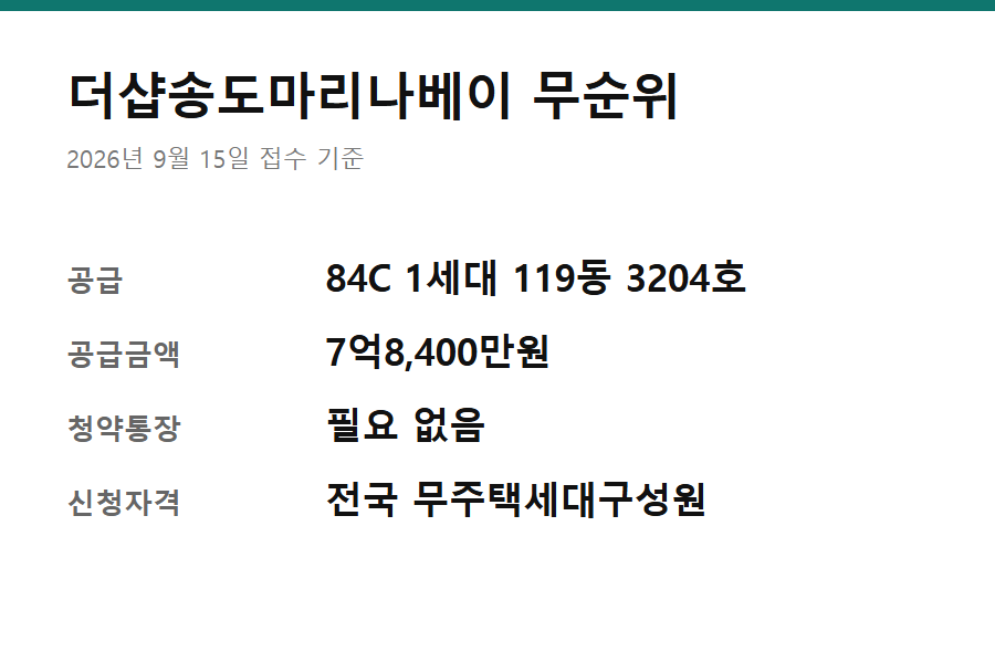 더샵송도마리나베이 무순위 청약자격 - 더샵송도마리나베이 무순위 핵심 정보 카드 — 공급 세대·공급금액·청약통장·신청자격