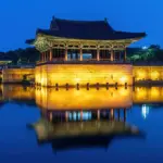 Water reflection of Donggung Palace in Wolji Pond at blue hour in Gyeongju South Korea