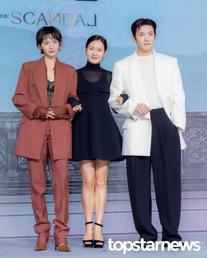 Nana, Son Ye-jin and Ji Chang-wook standing together at a Scandal promotional event
