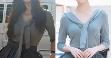 Side-by-side images of Kim Hye-soo and ITZY’s Yuna wearing gray preppy outfits