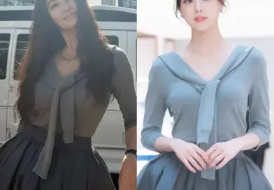 Side-by-side images of Kim Hye-soo and ITZY’s Yuna wearing gray preppy outfits