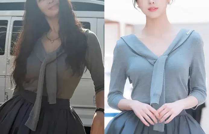 Side-by-side images of Kim Hye-soo and ITZY’s Yuna wearing gray preppy outfits