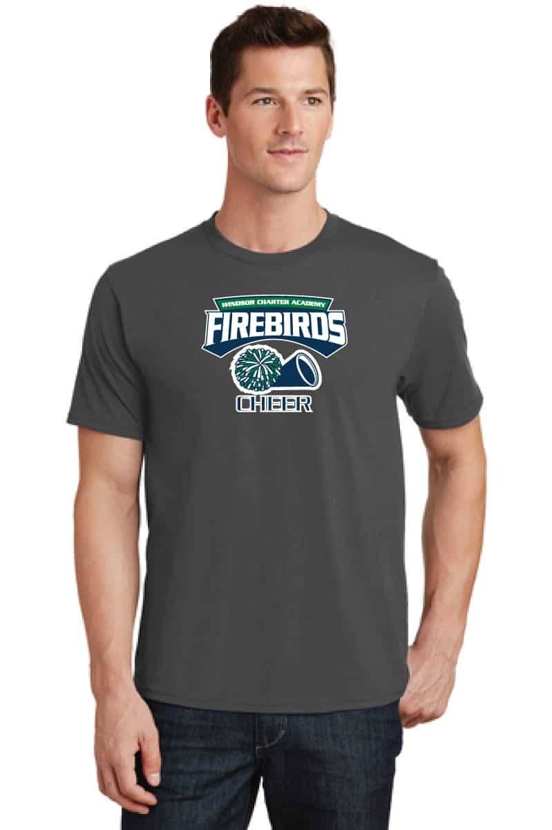 Firebirds cheerleading team t-shirt with Windsor Charter Academy logo, graphic print, and team spirit design, perfect for school sports events and cheer practice.