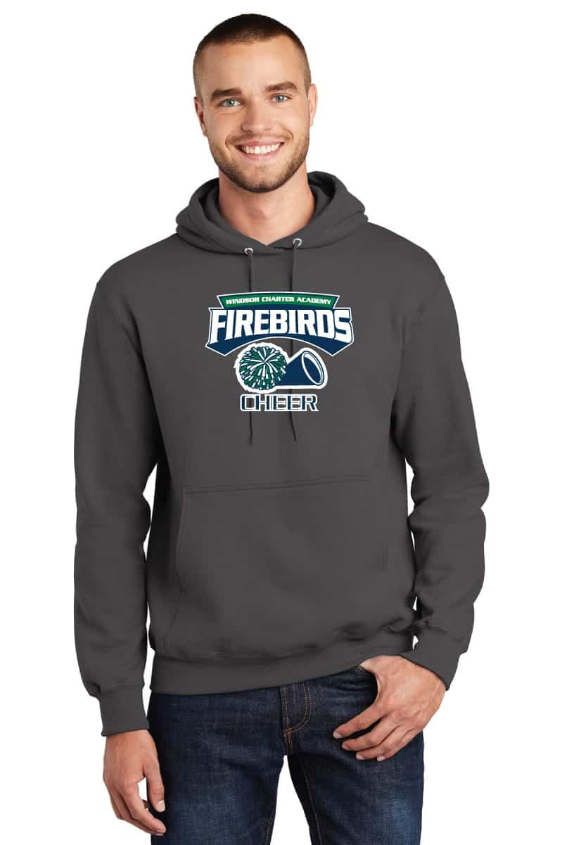 Windsor Charter Academy Firebirds cheer hoodie with custom screen printing, perfect for school spirit and sports events.