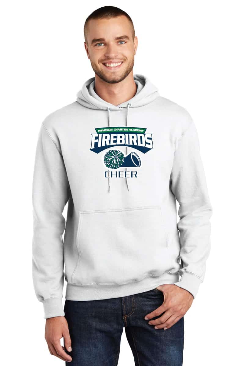 Firebirds cheer hoodie with Windsor Charter Academy logo, custom printed on cozy white sweatshirt, perfect for school spirit, cheer events, and team support, showcasing high-quality screen printing by KW Shirts.