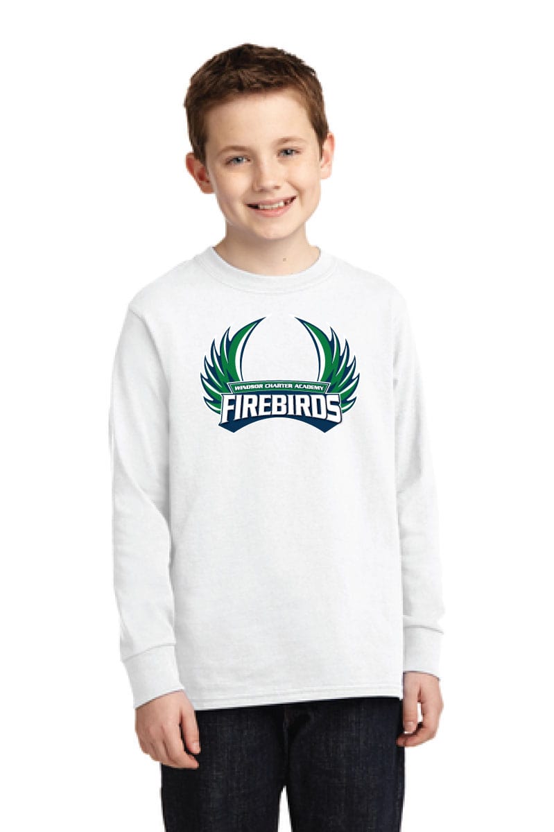 Bright young boy wearing a white sweatshirt with a custom sports team logo for Windsor Charter Academy Firebirds, showcasing personalized college apparel, youth team merchandise, and custom printed school gear.