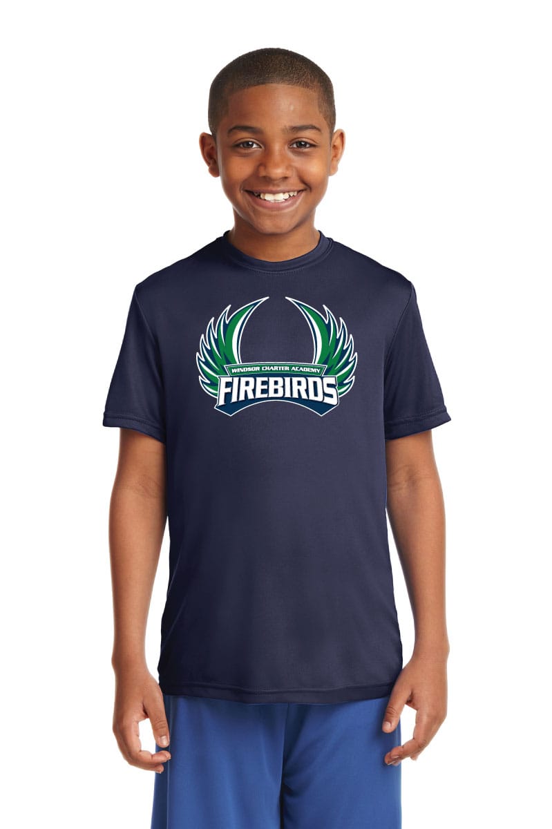 2. Boys wearing navy blue custom sports t-shirt with Windsor Charter Academy Firebirds logo, ideal for school team spirit and athletic wear.