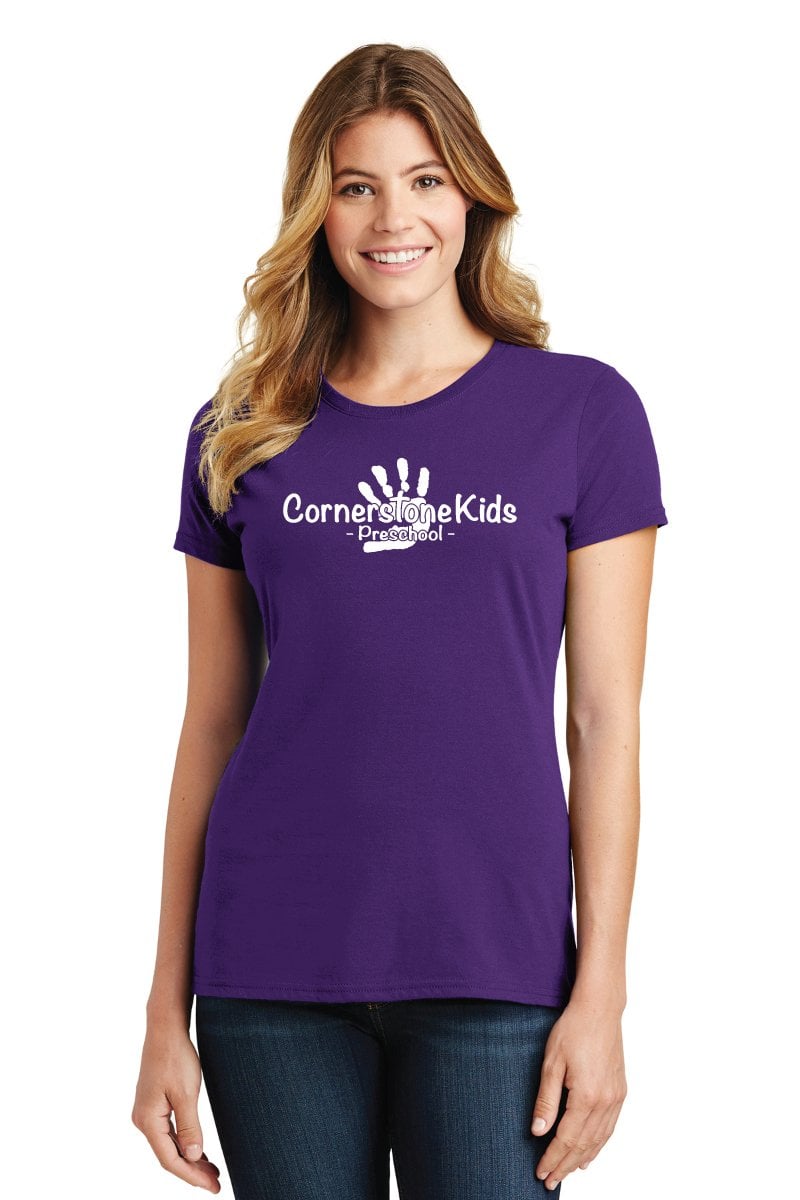 Custom preschool t-shirt with Cornerstone Kids Preschool logo in vibrant purple for kids' educational apparel. Perfect for school events, uniforms, and promotional wear. Made with comfortable, durable fabric for active preschoolers.