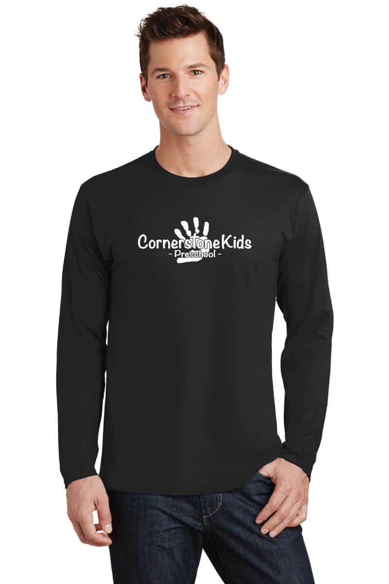 Cornerstone Kids Preschool black long sleeve shirt with printed logo and handprint design, perfect for school uniforms, fundraising events, and promotional apparel.