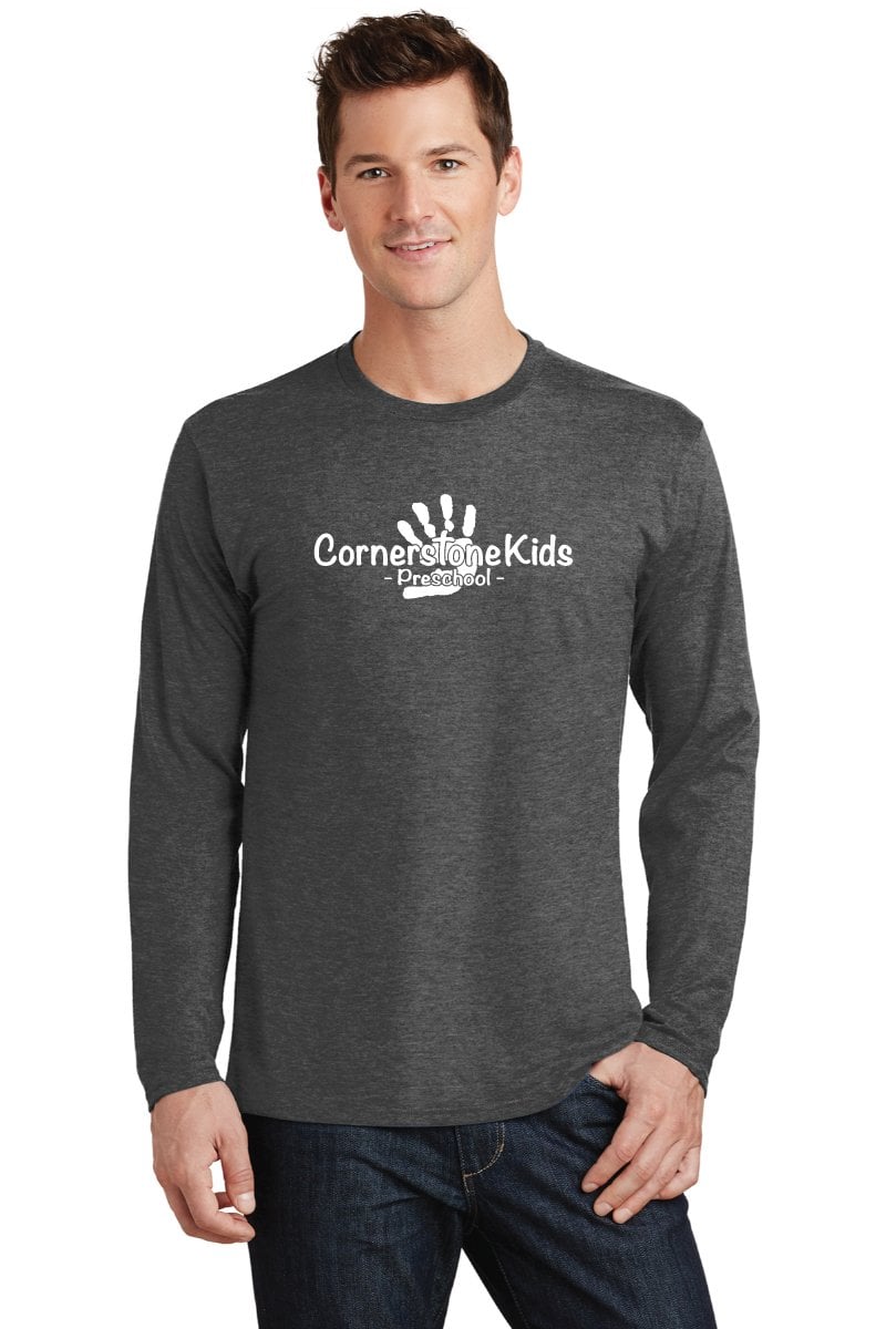 K&W Printing custom screen-printed long sleeve t-shirt for Cornerstone Kids Preschool, showcasing high-quality apparel printing services.