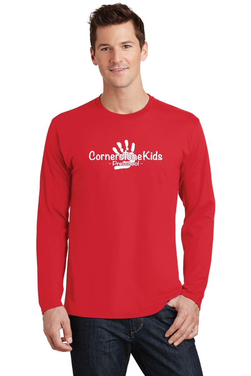 Custom printed preschool T-shirt, red long sleeve with Cornerstone Kids Preschool logo for school apparel, designed for kids and preschool programs.
