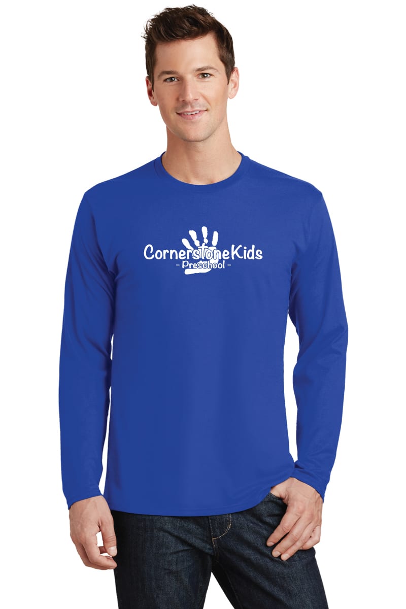 Custom school logo long sleeve t-shirt for Cornerstone Kids Preschool, ideal for school apparel and custom printing, featuring vibrant blue fabric and a kid-friendly design.