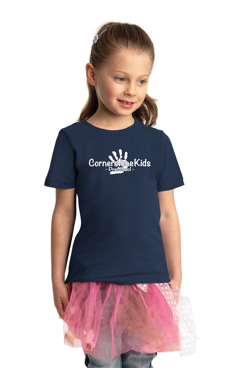 Bright navy blue preschool t-shirt with "Cornerstone Kids Preschool" logo and handprint graphic, ideal for children's apparel, customization, and school uniforms.