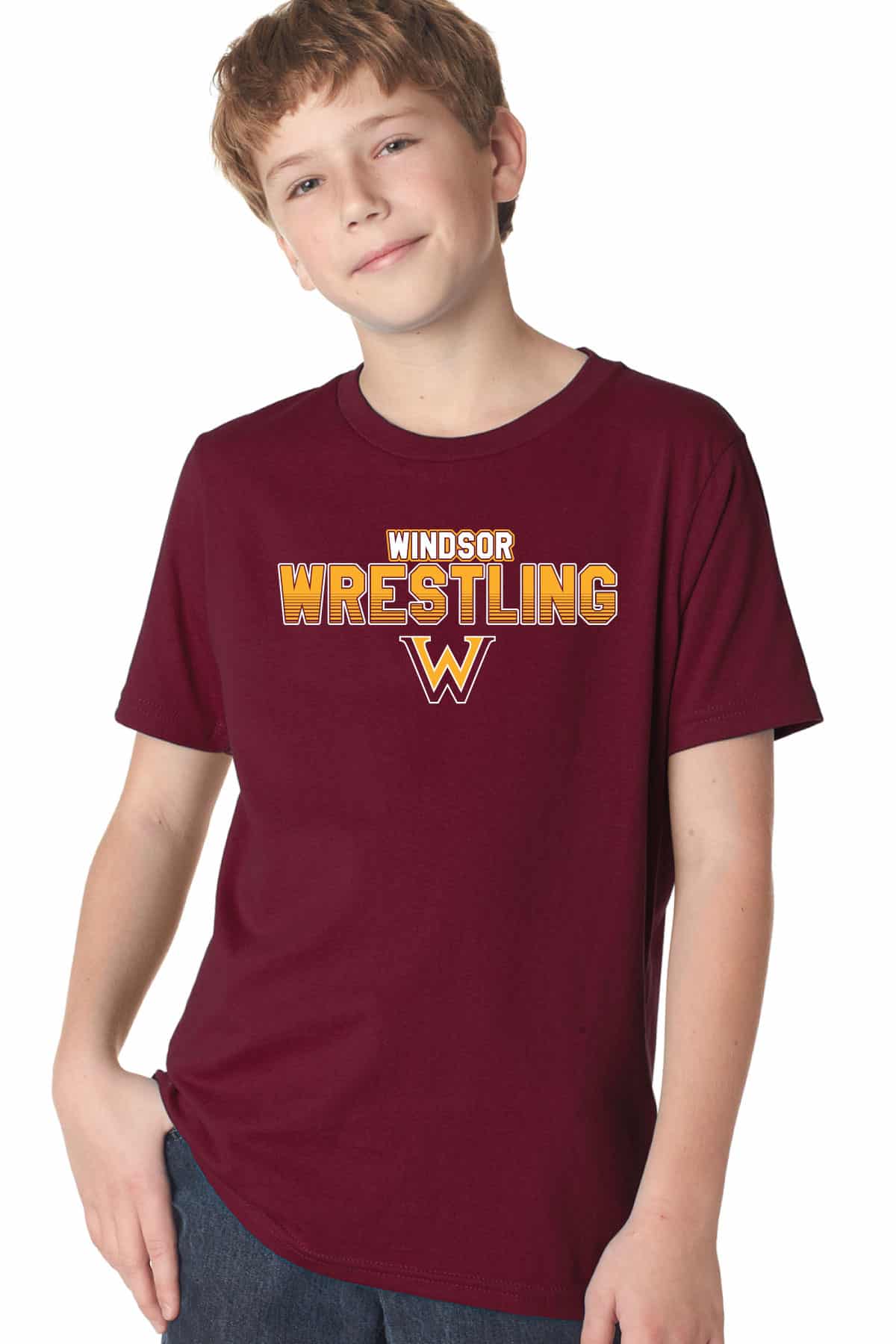 Windsor wrestling team t-shirt for kids featuring custom school spirit design and bold team logo, perfect for wrestling events and school pride apparel.