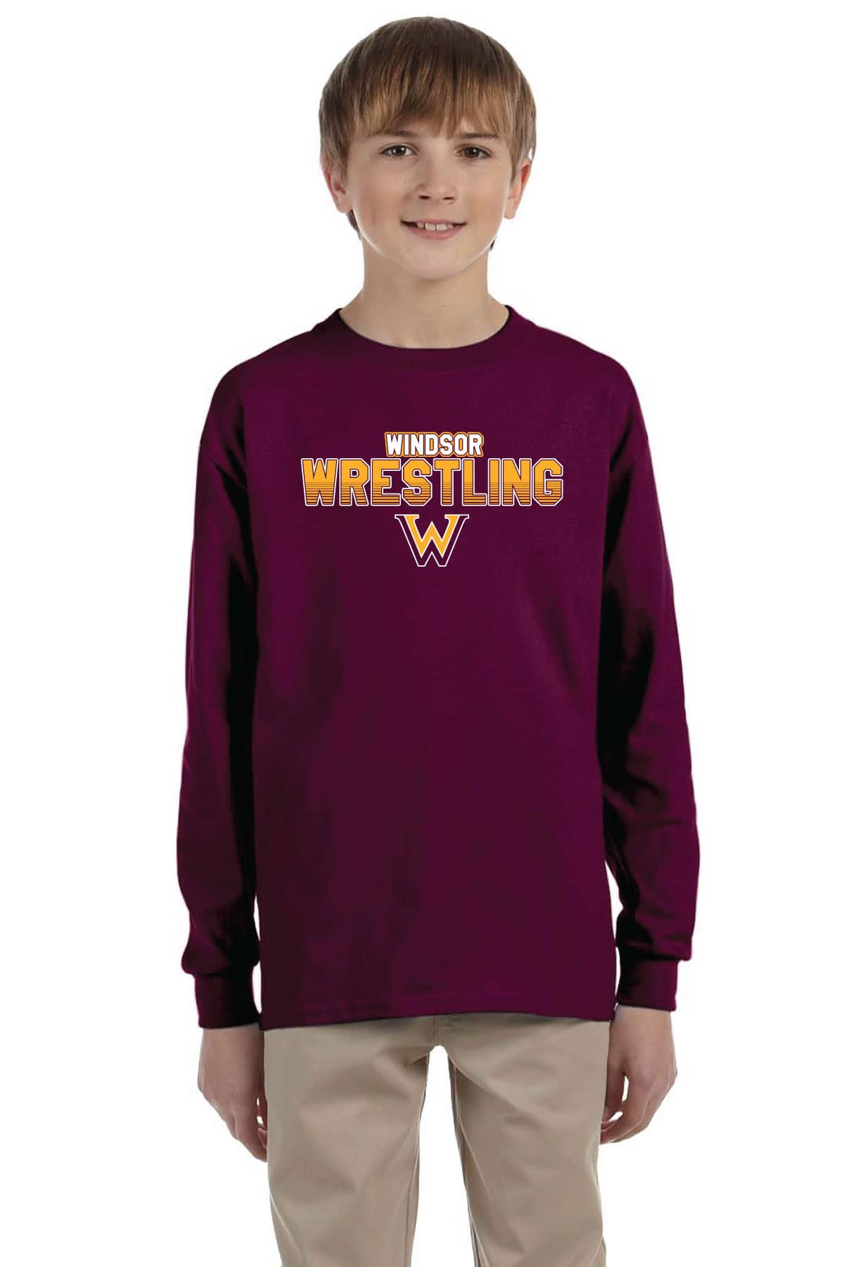 Windsor Wrestling youth sweatshirt with custom printed team logo and text, perfect for school sports teams and athletic events, made by K&W Printing for quality sports apparel.