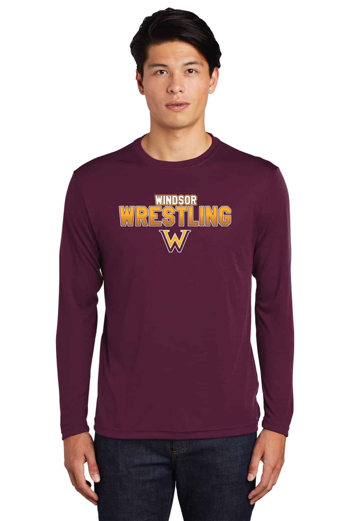 Custom Windsor Wrestling long sleeve T-shirt with team logo, perfect for school spirit and athletic wear. High-quality printing on comfortable, durable fabric for sports and casual outings.