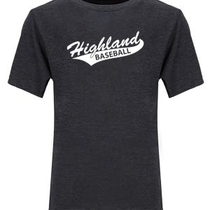 Highland Baseball T-shirt with custom logo, perfect for team uniforms and sports apparel. Made from comfortable, durable fabric ideal for athletic wear and team branding. Custom printed at K&W Printing.