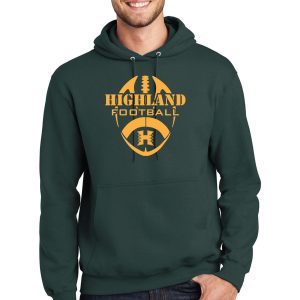 Highland Football hoodie with team logo, perfect for sports fans and team spirit, custom printed by K&W Printing.