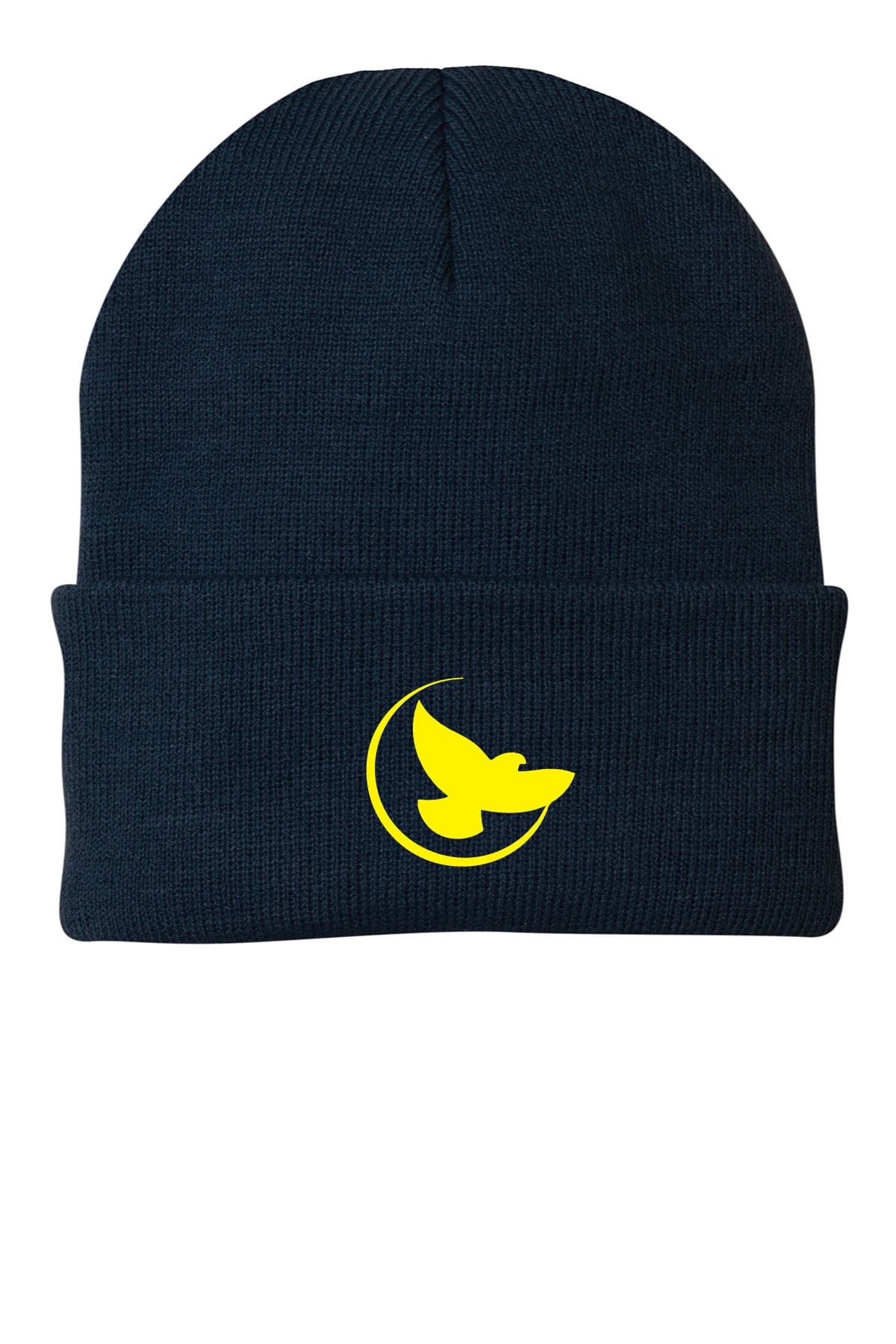 Stylish navy blue beanie featuring custom yellow moon and bird logo; perfect for personalized sports teams and promotional merchandise by K&W Printing.