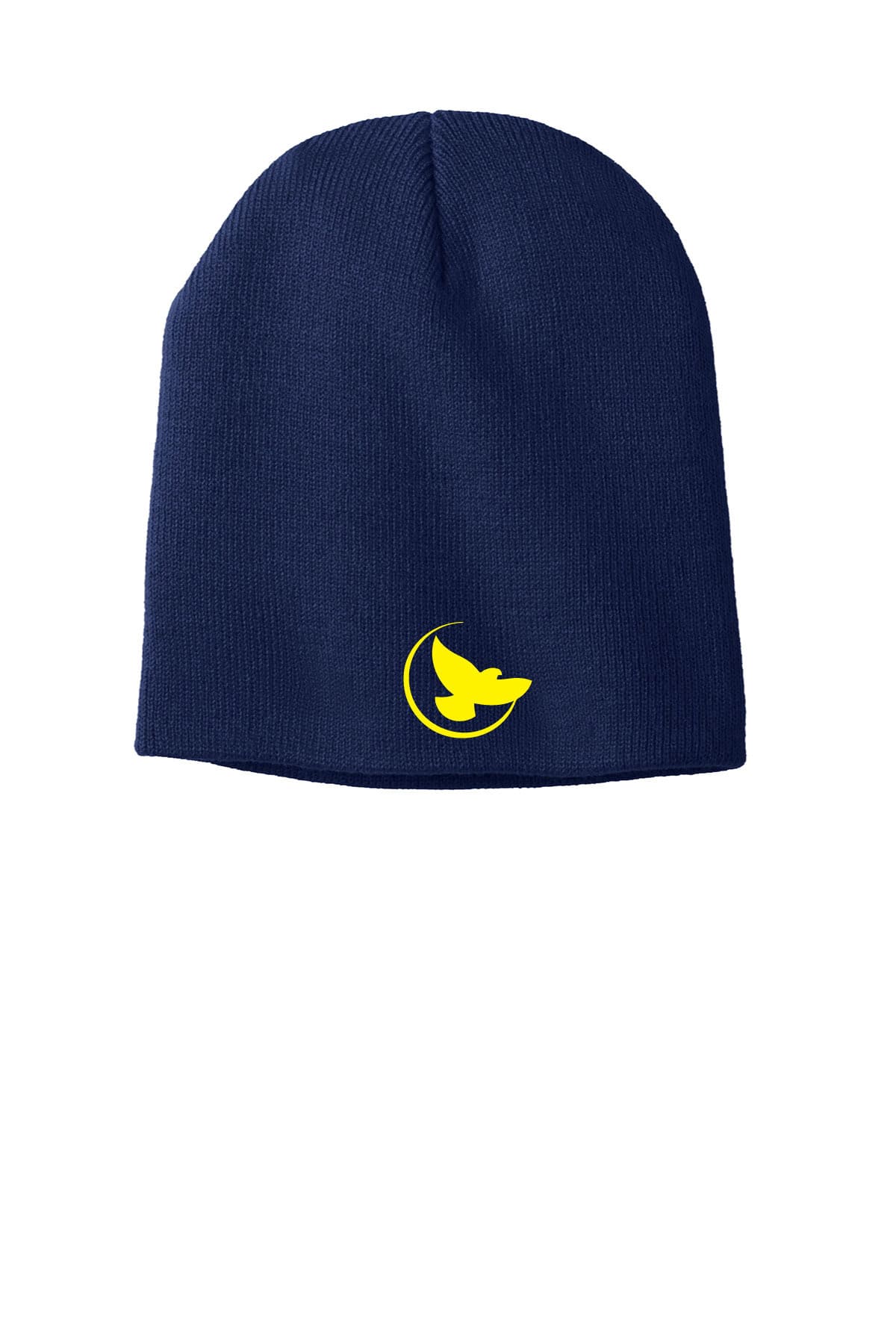 Bright blue knit beanie with yellow moon and bird logo, perfect for custom embroidered hats and apparel from K&W Printing, your local screen printing and embroidery specialist.