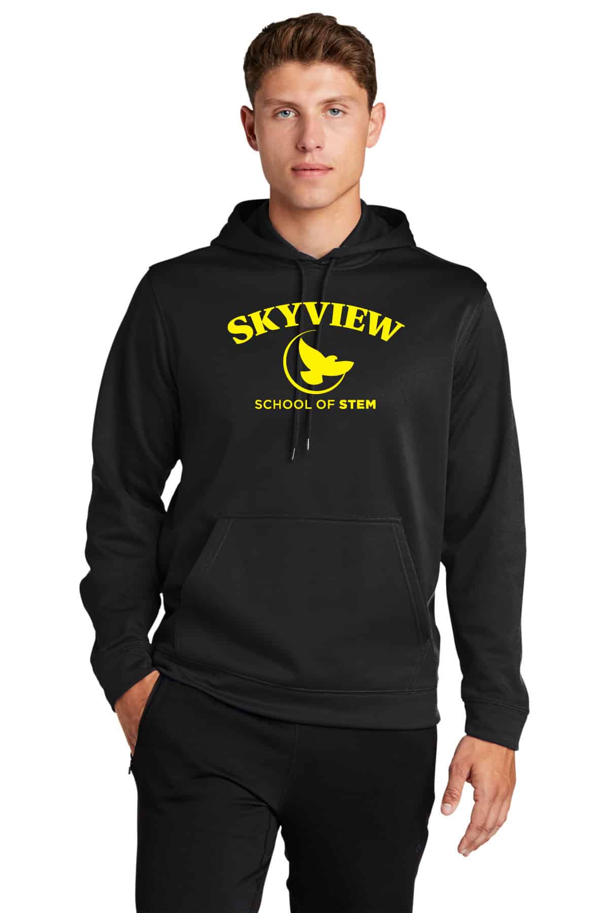 Custom black hoodie with Skyview School of STEM logo, perfect for school apparel and promotional clothing, made by K&W Printing.