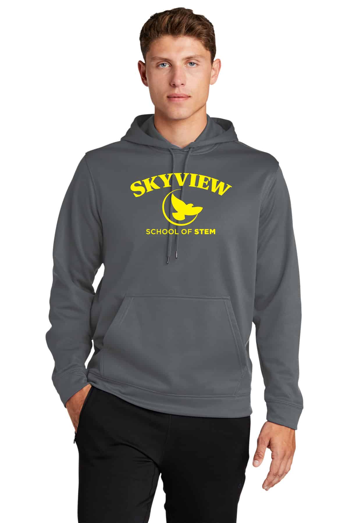 Custom gray hoodie with Skyview School of STEM logo print, perfect for promotional apparel and school spirit. High-quality embroidery for team and event branding.