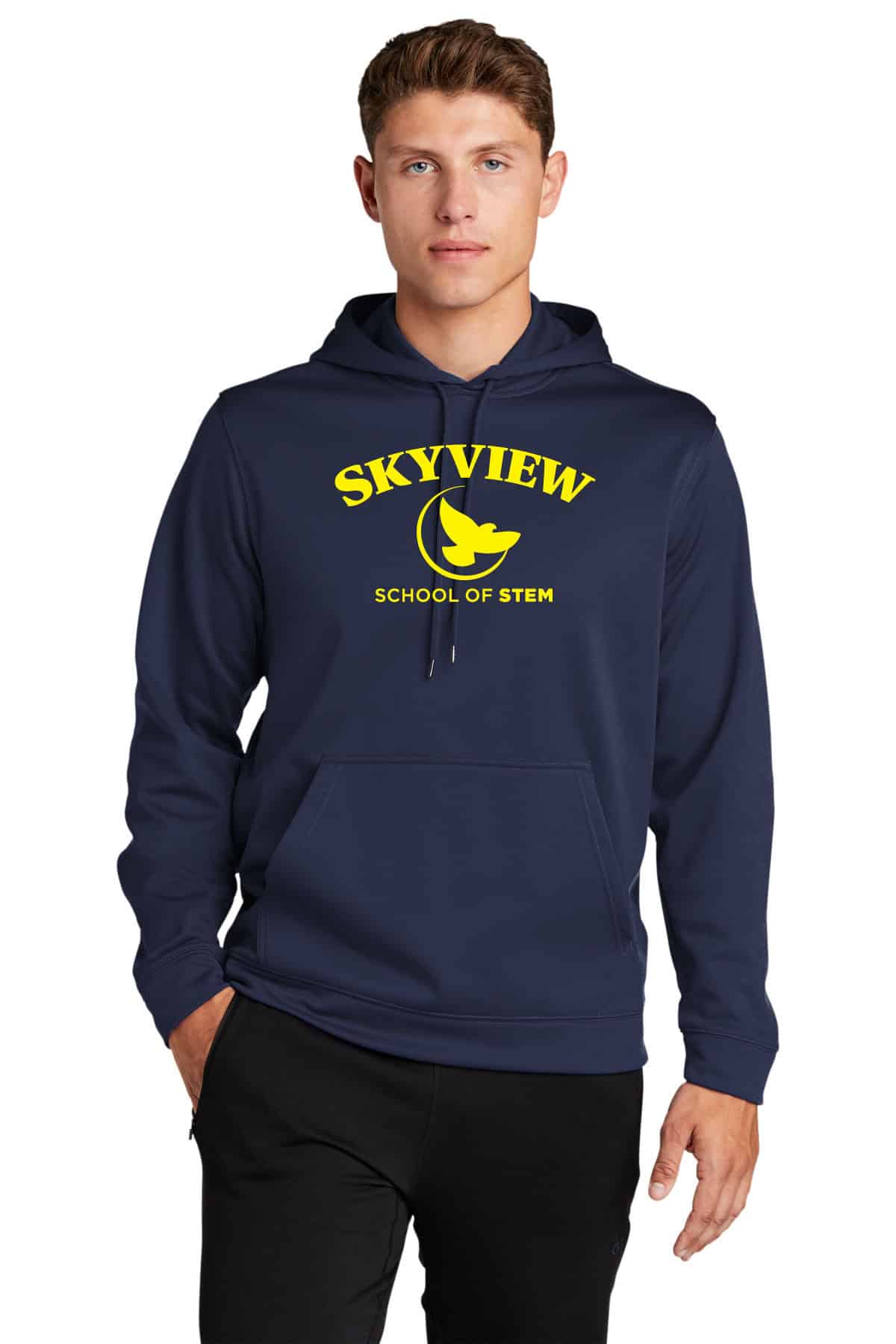 Custom navy blue hoodie with bright yellow SKYVIEW School of STEM logo, ideal for school apparel, promotional clothing, or STEM event uniforms. Perfect for personalized custom printing.