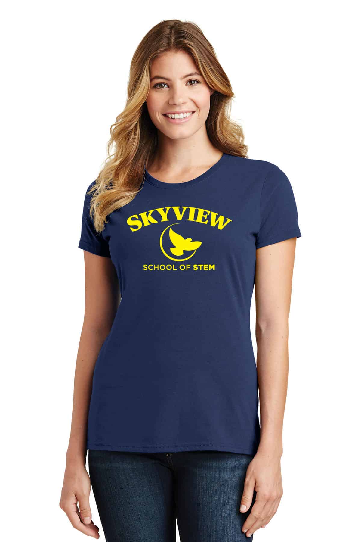 Skyview School of STEM custom printed T-shirt, promotional apparel, high-quality screen printing, school spirit wear, event T-shirt design.