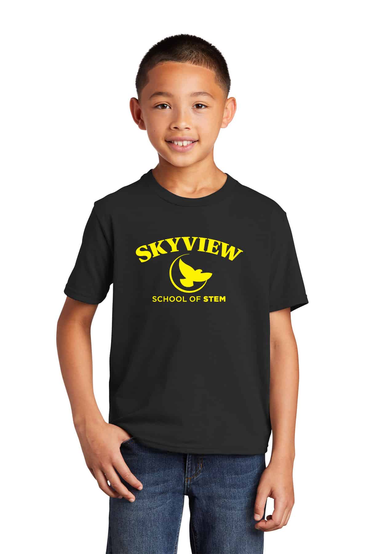 Kids black t-shirt with Skyview School of STEM logo and yellow print, perfect for school uniforms, STEM events, and youth apparel, customizable with custom logos and designs for kids' clothing.