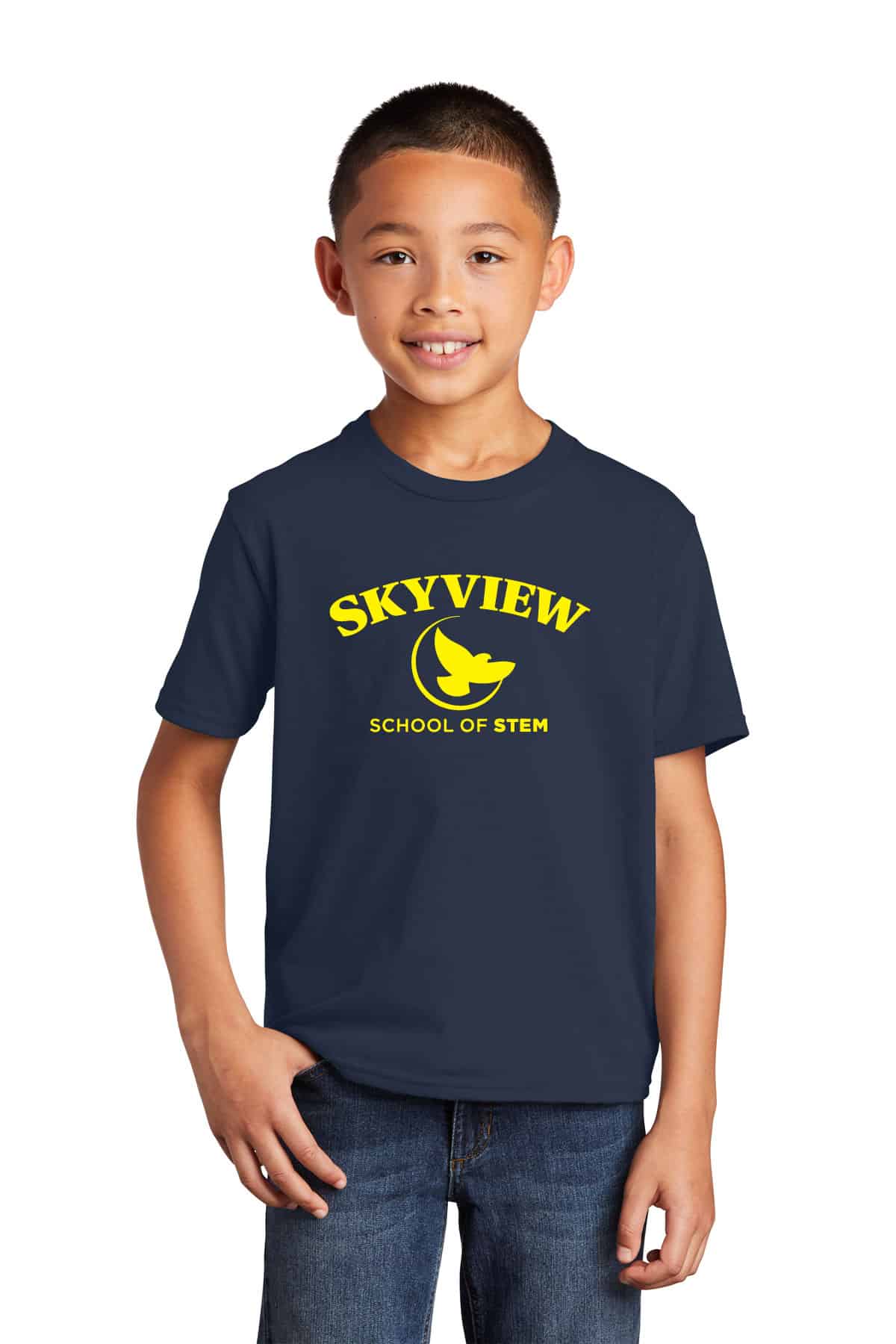 SkyView School of STEM navy t-shirt with custom logo print, perfect for student uniforms or STEM educational events. Durable, comfortable, and vibrant custom screen printing for kids' apparel.