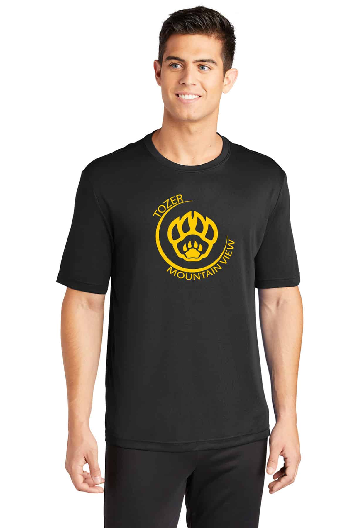 Bold black T-shirt with yellow mountain view and Tozer logo, perfect for custom screen printing, promotional apparel, or mountain club merchandise. High-quality casual wear for active lifestyles.