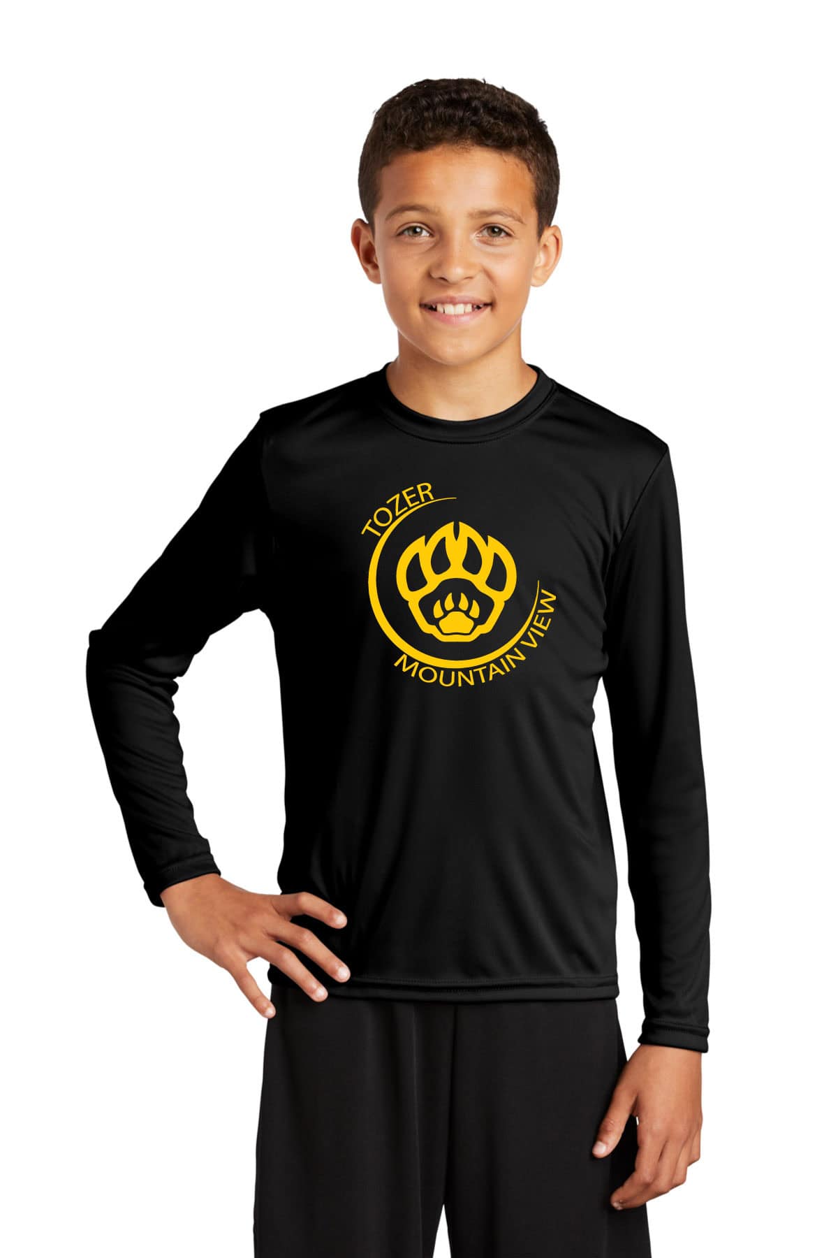 High-quality black kids' sports jersey with custom yellow tozer mountain view logo, perfect for team uniforms, performance wear, or athletic activities. Designed for comfort and durability.