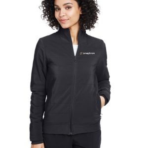 Custom embroidered black softshell jacket with Snaptron logo, ideal for promotional apparel, corporate uniforms, team wear, or branded outerwear for business events and outdoor activities.