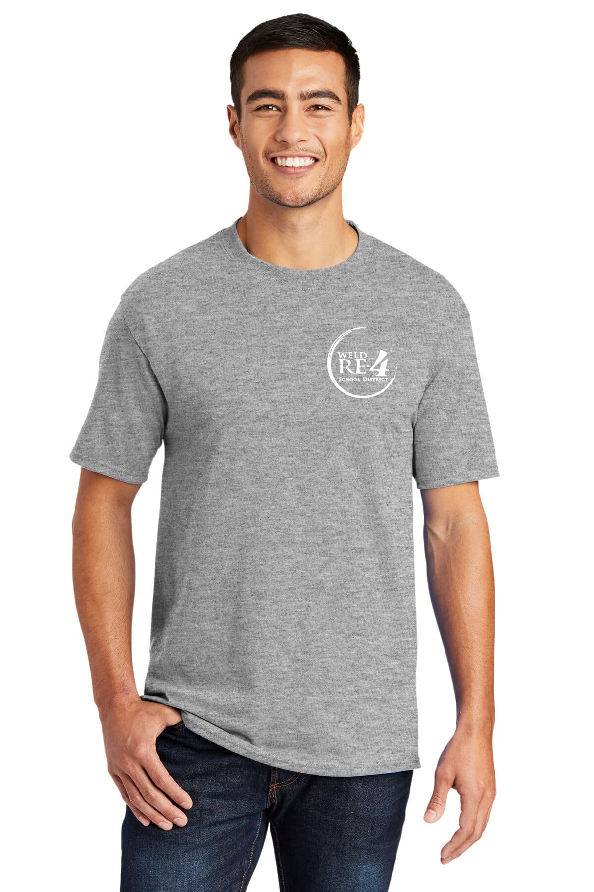 Comfortable heather gray T-shirt with custom school district logo print, ideal for school uniforms, promotional apparel, or team events. Perfect for showcasing your school pride and branding.