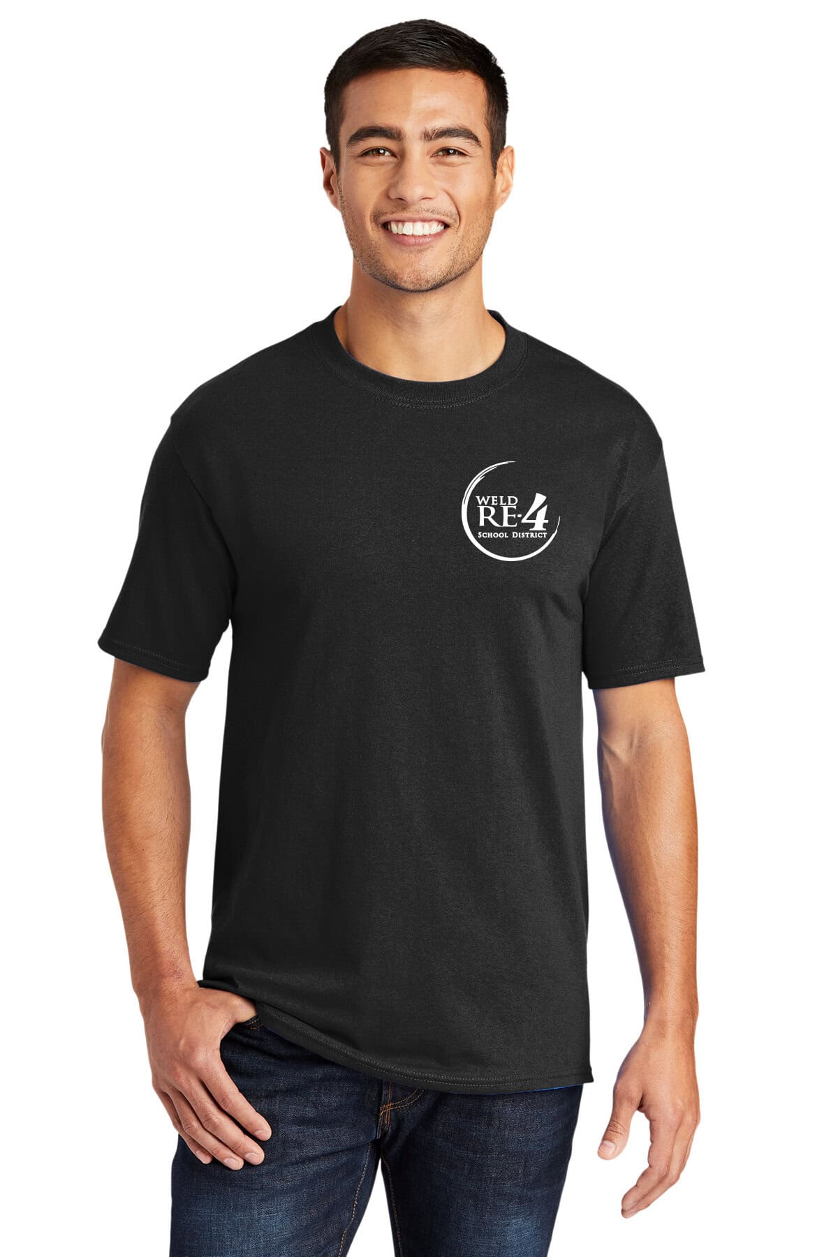 Black t-shirt with custom school district logo printed in white for school spirit and team branding. Perfect for student, staff, or community events. Durable, comfortable, and ideal for professional or casual wear.