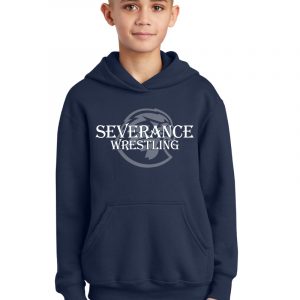 Severance Wrestling hoodie, navy blue sweatshirt with screen-printed logo, perfect for sports fans and wrestling enthusiasts, personalized custom apparel for youth and teens.