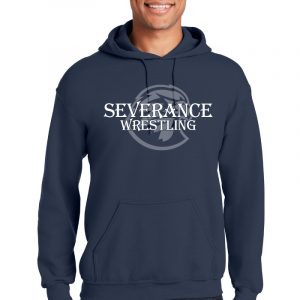 Custom printed navy hoodie with "Severance Wrestling" design, ideal for sports teams, wrestling clubs, and apparel printing businesses. Perfect for personalized team gear and promotional merchandise.