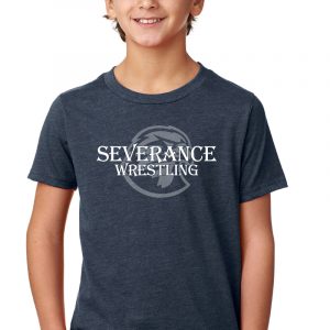 Severance Wrestling t-shirt on a smiling boy, custom printed youth apparel, ideal for wrestling teams and sports events, made by K&W Printing for high-quality screen printing and embroidery.