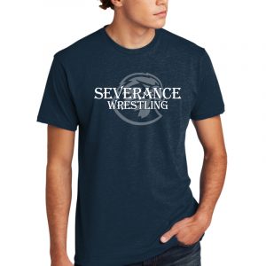 High-quality navy T-shirt featuring "Severance Wrestling" logo in white, perfect for sports fans, team uniforms, or wrestling events, customized through K&W Printing.