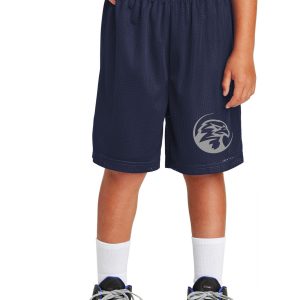 Navy blue athletic shorts with a printed eagle logo, perfect for sports and team branding by K&W Printing. Custom sportswear apparel with screen printing options.