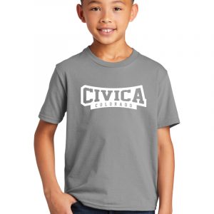 Kids' gray T-shirt with "Civica Colorado" printed in bold white letters, perfect for school or casual wear, showcasing custom printing services by K&W Printing.