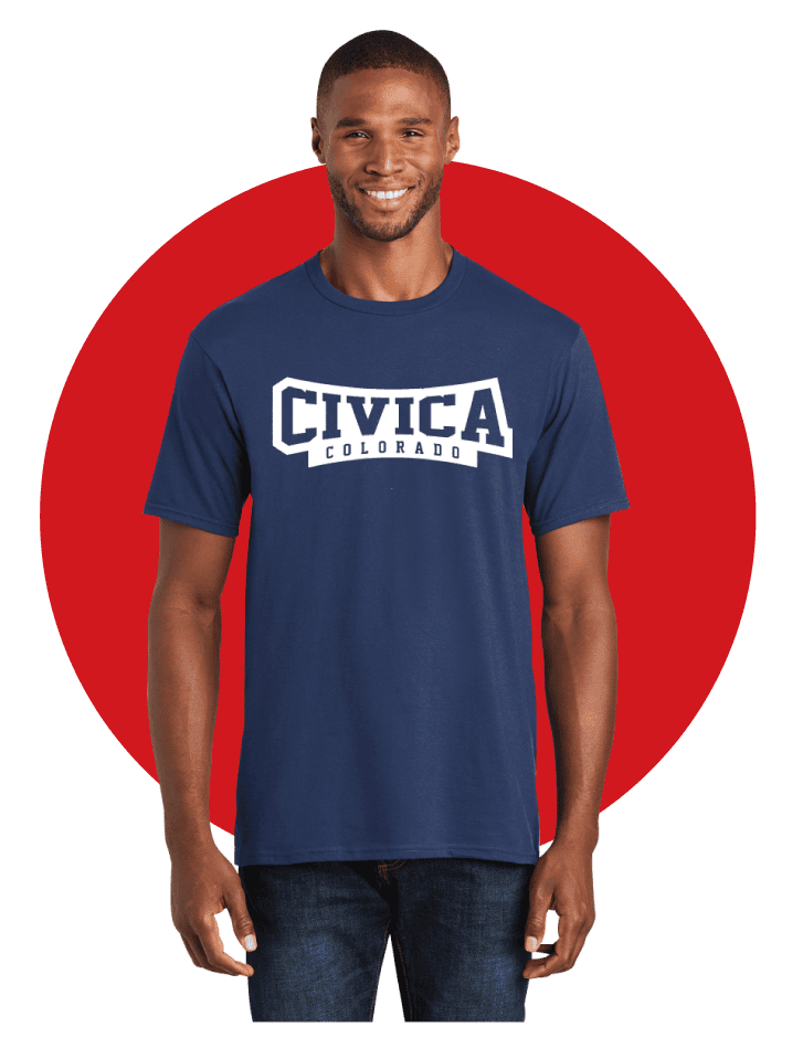 Civic Colorado T-shirt, custom printed apparel, screen printing, graphic tees, K&W Printing, high-quality t-shirt printing services.