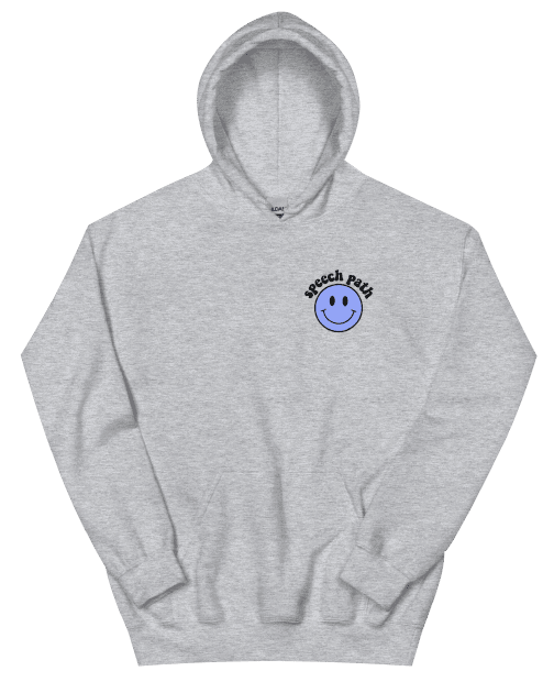 Smiley face hoodie with speech path text, personalized hoodie for speech therapists, custom printed sweatshirt featuring speech therapy design, comfortable gray hoodie with speech path graphic, high-quality custom apparel for speech therapists and speech pathology professionals.