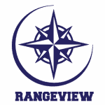Custom rangeview logo with a navy and white compass design for personalized embroidery and screen printing services.
