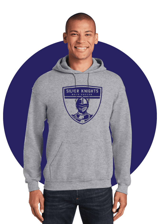 Silver Knights boys soccer hoodie with team logo, casual athletic wear for youth athletes, high-quality custom screen printing and embroidery, ideal for team jerseys and sports apparel.