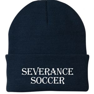 Severance Soccer embroidered beanie, navy blue winter hat with team name, ideal for sports fans, custom embroidered apparel, high-quality headwear for soccer team supporters.