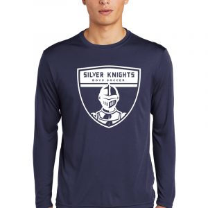 Silver Knights Boys Soccer logo print on navy long sleeve athletic shirt, perfect for sports teams and team apparel customization. High-quality sublimation printing for durability.