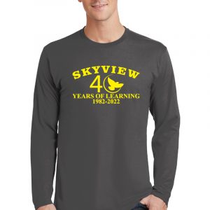 Skyview 40th anniversary T-shirt celebrating 40 years of learning and growth, featuring bold yellow graphic design for school or event commemorations.