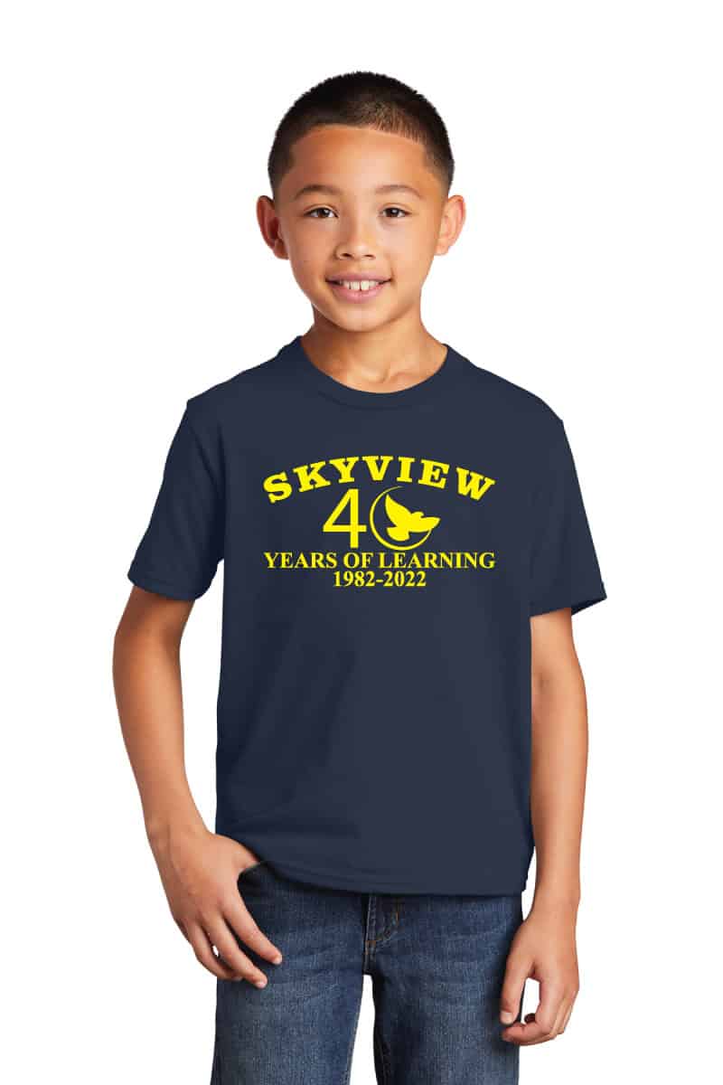 Bright yellow customized t-shirt for Skyview School celebrating 40 years of learning, featuring bold text and graphics for school events or milestones.